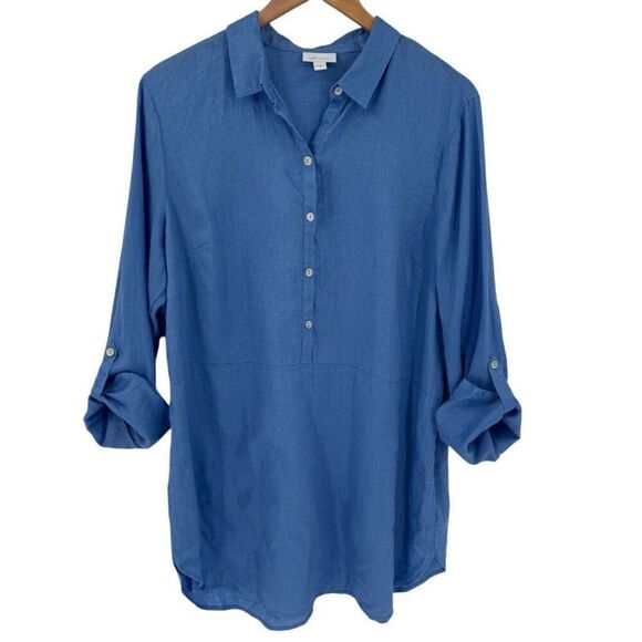 J Jill Love Linen Long Roll Tab Sleeve Half Button Tunic Top Blue Women Large - Picture 1 of 8